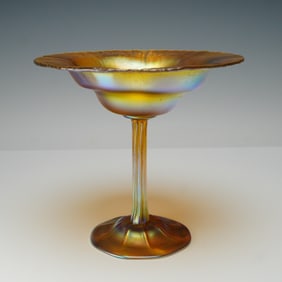 Louis Comfort Tiffany Gold Favrile Glass Tazza Compote on Pedestal, Signed