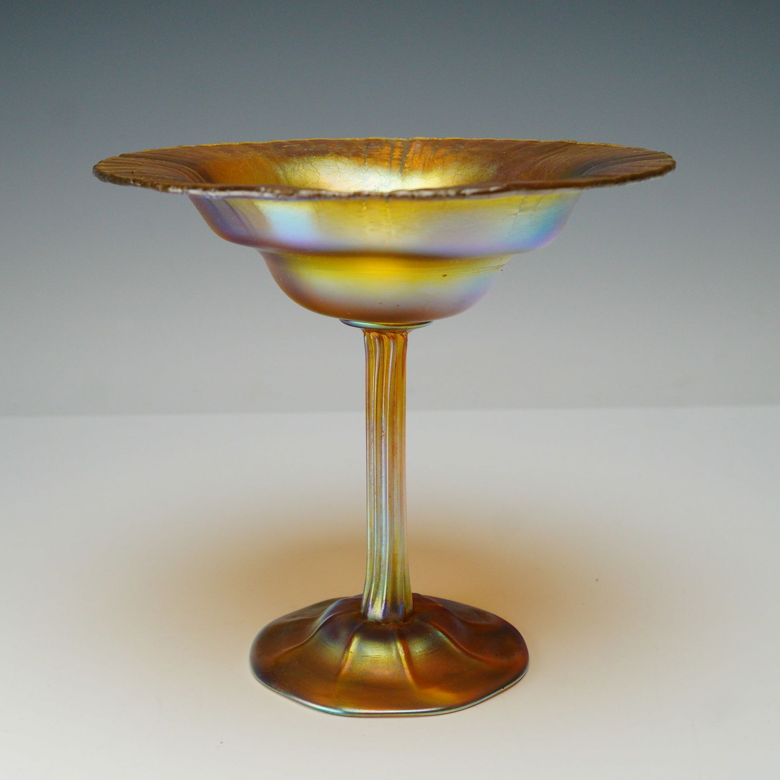 Louis Comfort Tiffany Gold Favrile Glass Tazza Compote on Pedestal, Signed (1 of 6)