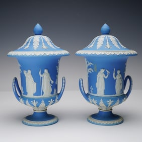 Pair of Wedgwood Jasperware Light Blue Lidded Vases