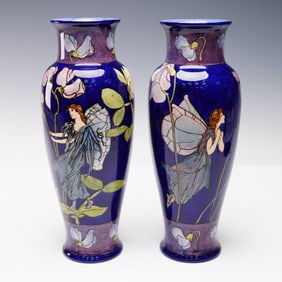 Pair Doulton Lambeth Margaret Thompson Faience Fairies Vases
