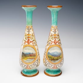 Pair of Doulton Lambeth by Esther Lewis Landscape Motif Faience Vases