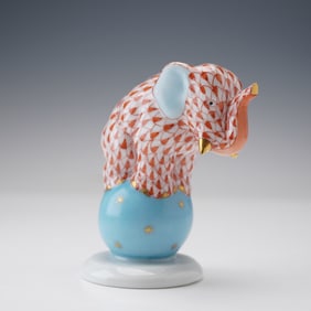 Herend Porcelain Figurine, Elephant on Ball Fishnet Pattern
