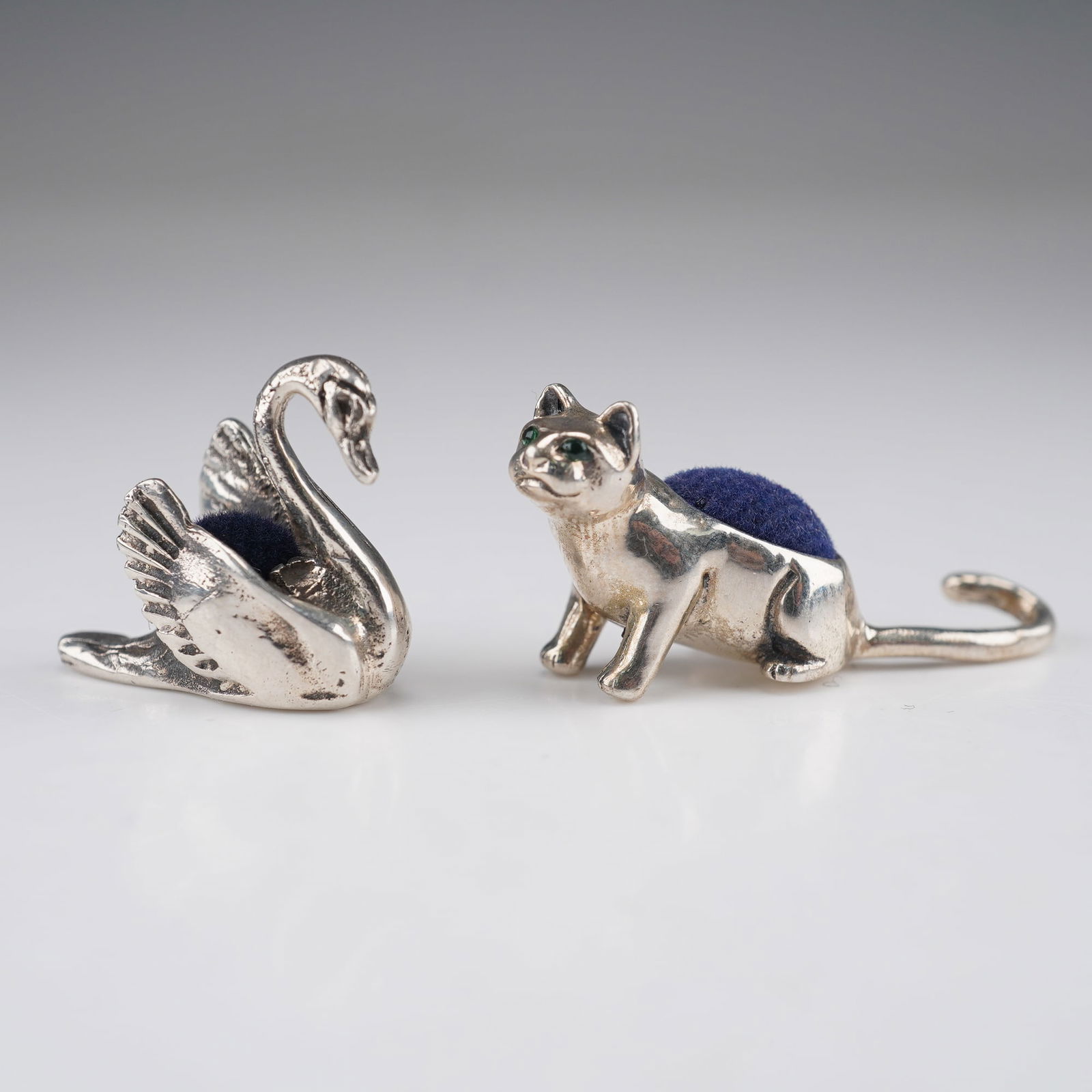 2pc Miniature Sterling Silver Pin Cushions, Swan and Cat (1 of 8)