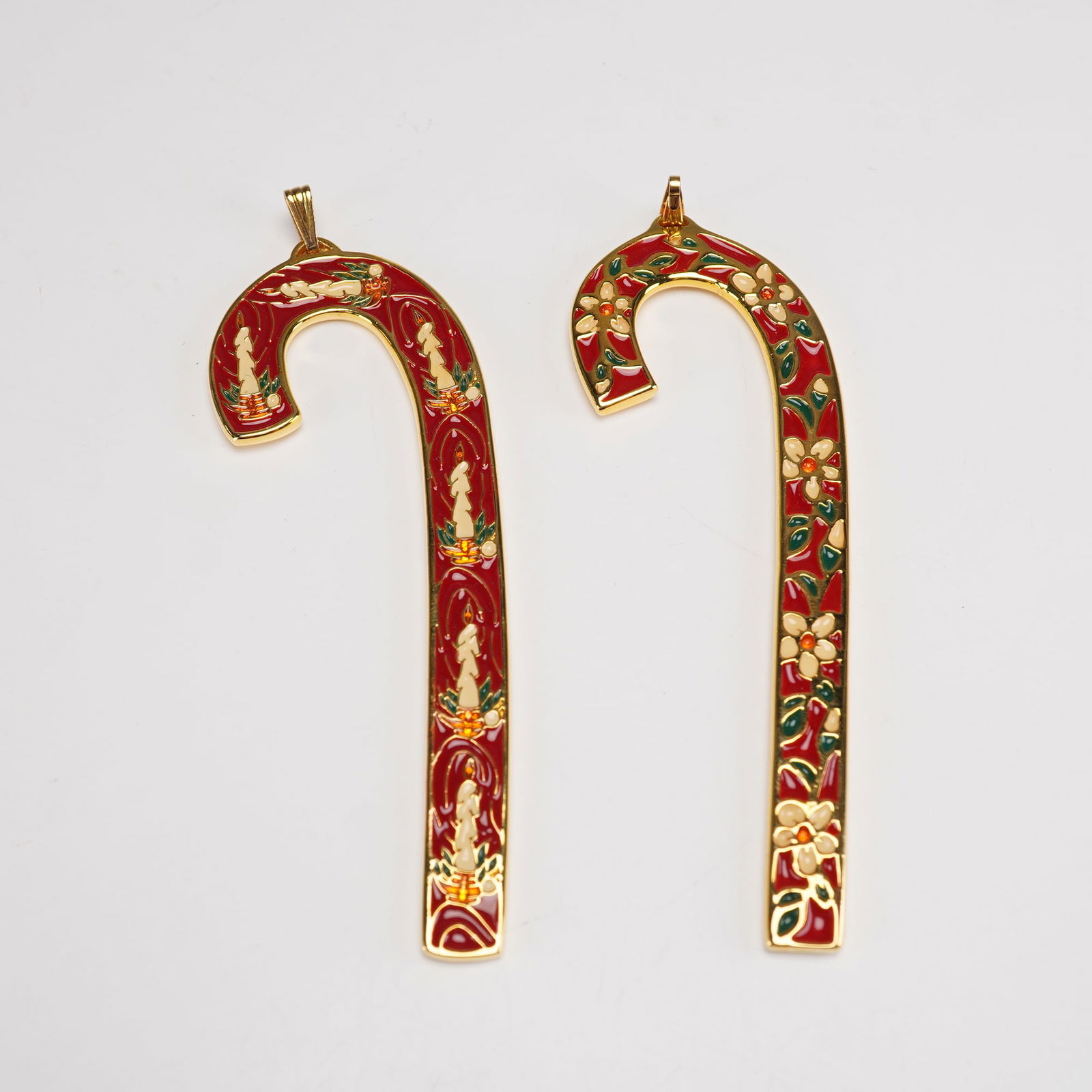 2pc Wallace Silversmith Christmas Rose and Candle Candy Cane Ornament: Offered here are two beautifully crafted Wallace Silversmiths Christmas candy cane ornaments from the brand's highly collectible annual holiday series. The 1988 edition, titled Christmas Rose Candy Ca