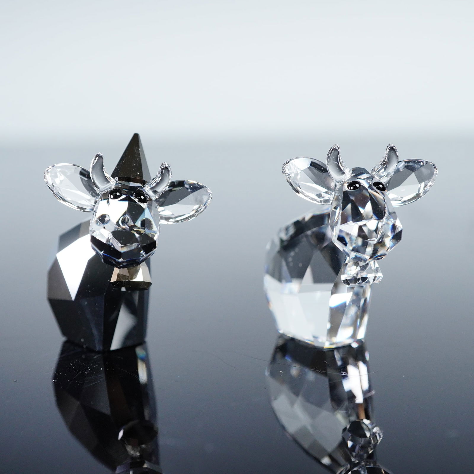 2pc Swarovski Crystal Lovlots Cow Figurines: Pair of Swarovski Lovlots crystal figurines. Includes the 2020 Birthday Princess Mo Mini, number 5492747, designed with a faceted reflective body, clear crystal head and ears, and whimsical party hat