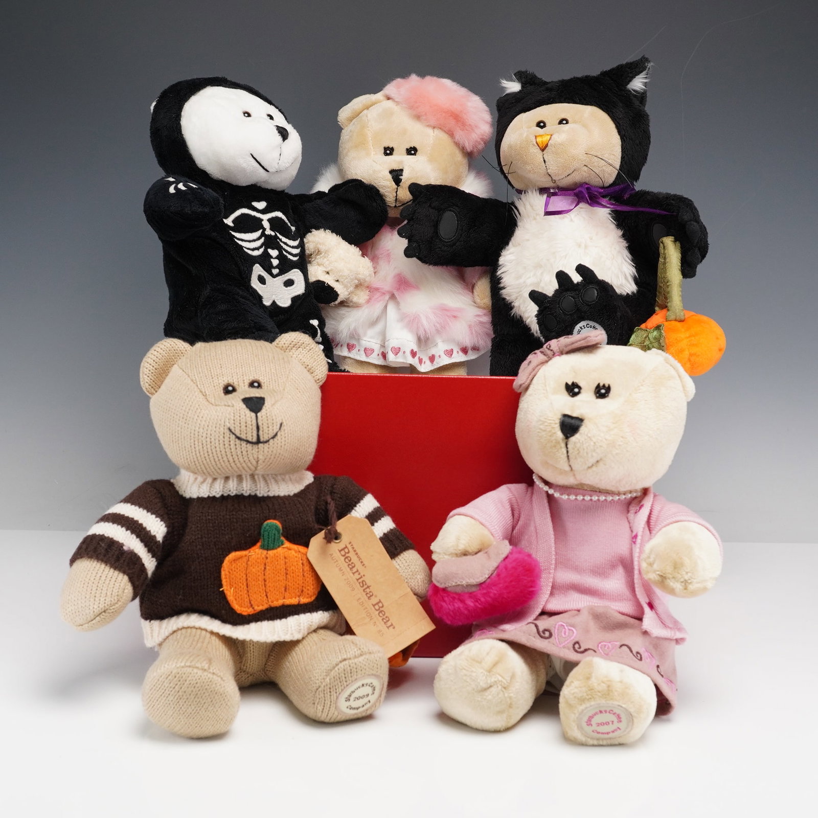 5pc Starbucks Coffee Co. Bearista Bear Plush Collection: Group of five Bearista Bears made exclusively for Starbucks Coffee Company. Includes bears dressed in black skeleton costume, black cat costume with purple ribbon and pumpkin accessory, pink outfit wi