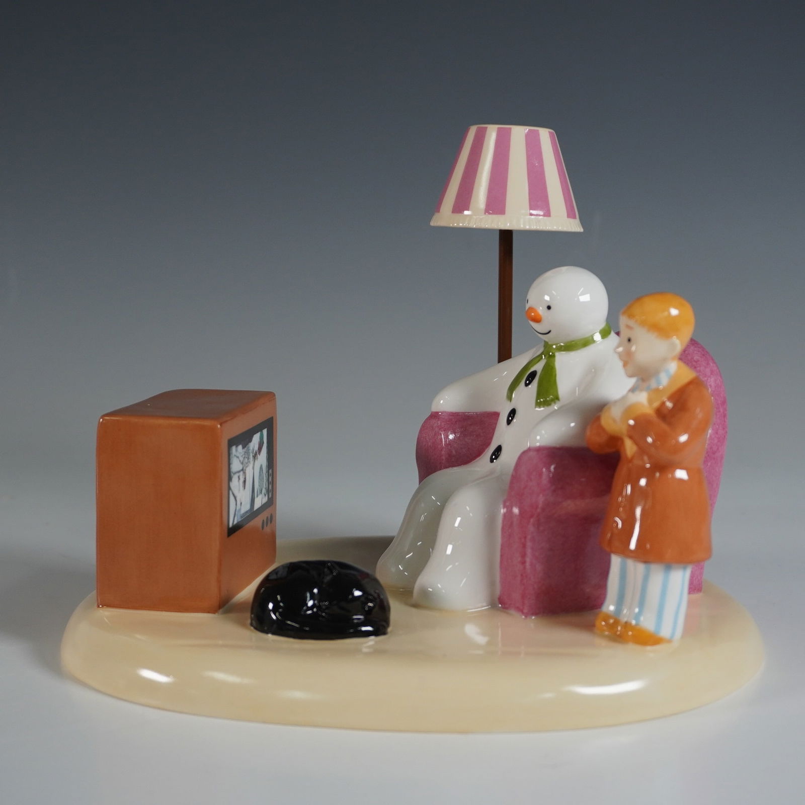 Coalport The Snowman "A Cold Night In" Figurine: A limited edition porcelain figurine from The Snowman series, titled "A Cold Night In." This charming vignette captures the Snowman and a young boy watching television together, accompanied by a cozy