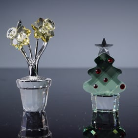 2pc Swarovski Crystal Figures, Christmas Tree and Narcissus Rhodium