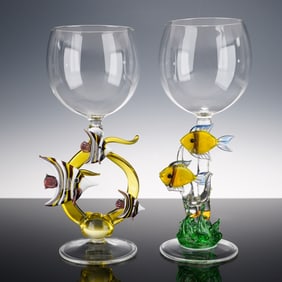 2pc Yurana Design Handmade Glass Figural Goblets, Fish Motif