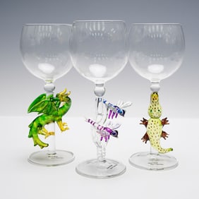 3pc Yurana Design Figural Art Glass Wine Glasses