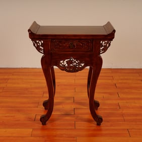 Chinese Carved Hardwood Altar Table w/ Drawer, Phoenix & Floral Motifs