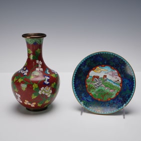 2pc Chinese Cloisonne Enamel Group, Vase & Plate
