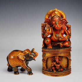 2pc Exotic Wooden India Art Sculptures, Ganesha and Elephant