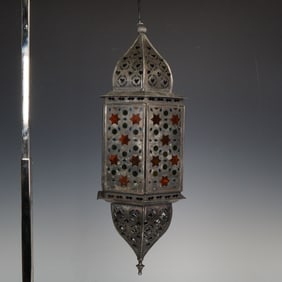 Moroccan Metal and Glass Arabesque Metalwork Hanging Lantern