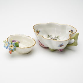 2pc Herend Rothchild Bird Leaf Dish & Dresden Saxony Floral Dish