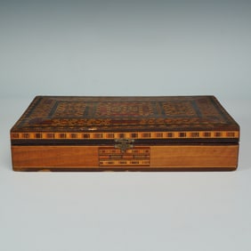 Middle Eastern Inlaid Wood Box with Geometric Mosaic Design