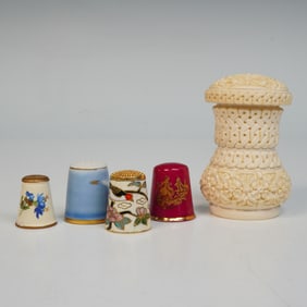 5pc Collection of Thimbles and Signed Carved Thread Box