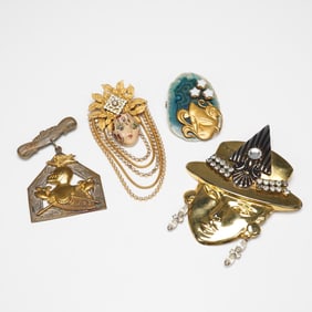 4pc Gold-tone Metal and Rhinestone Art Deco and Figural Brooch Lot