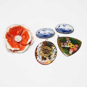 5pc Delft Porcelain Brooches and Enameled Art Jewelry