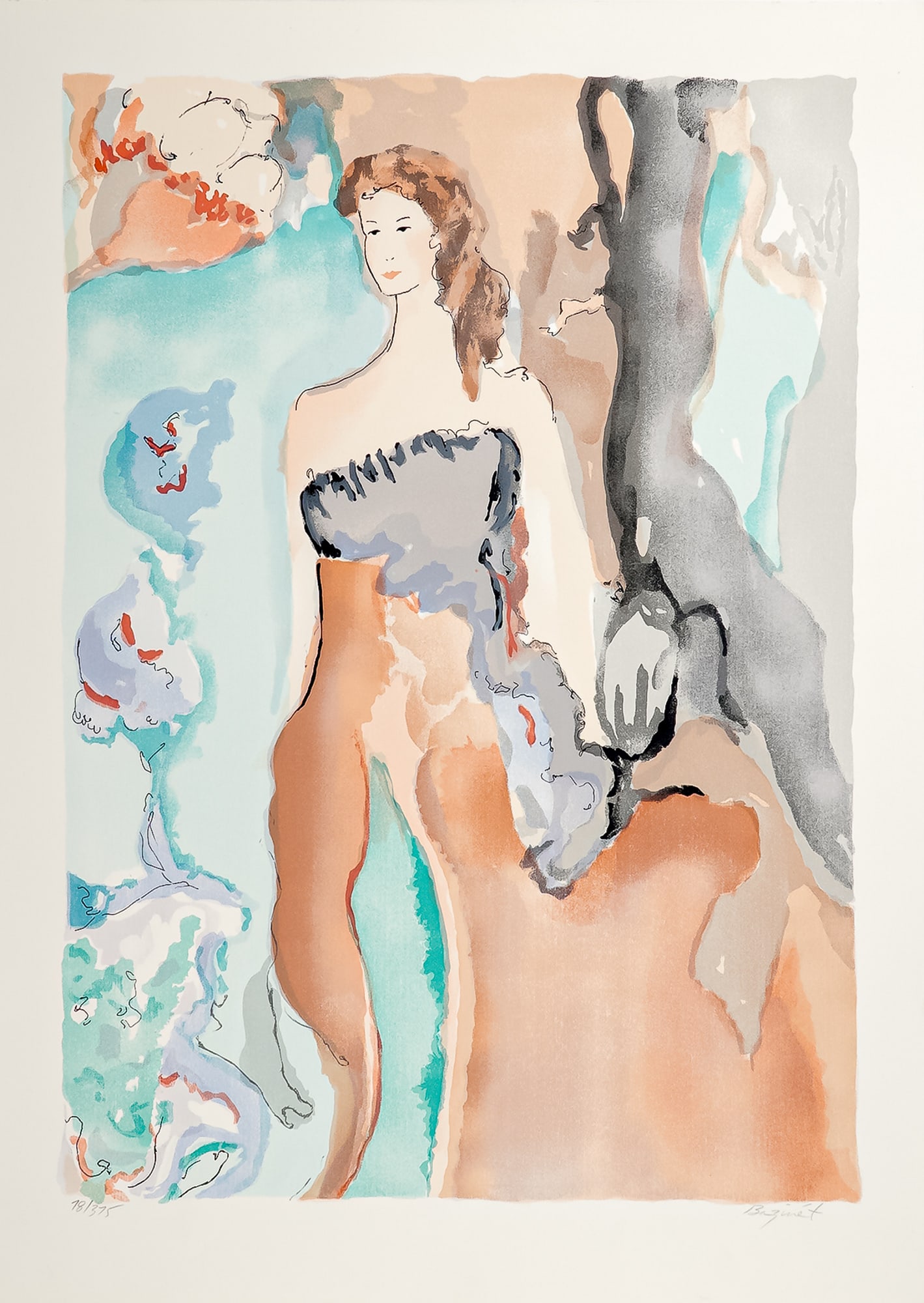 Jane Bazinet, Lithograph on Paper, Nude w/ Blue Accents, Signed & Numbered: This striking limited edition lithograph on paper by Jane Bazinet captures her signature ethereal style, blending fluid washes of color with delicate line work to portray a poised female figure. Execu