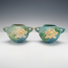 Pair of Roseville Pottery Blue Vases, Water Lily