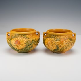 Pair of Roseville Pottery Yellow Jardinieres, Peony