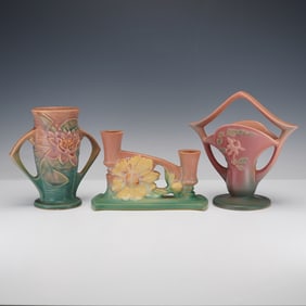 3pc Roseville Pottery Peony Candle Holder, Columbine & Water Lily Vases