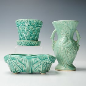 3pc McCoy Pottery Jardiniere, Planter & Vase, Teal Leaf & Berries