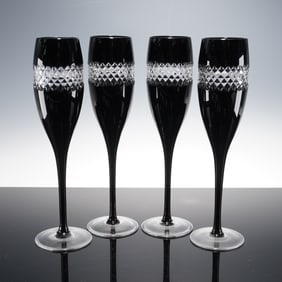 4pc John Rocha for Waterford Crystal Fluted Champagne Glasses, Black Cut