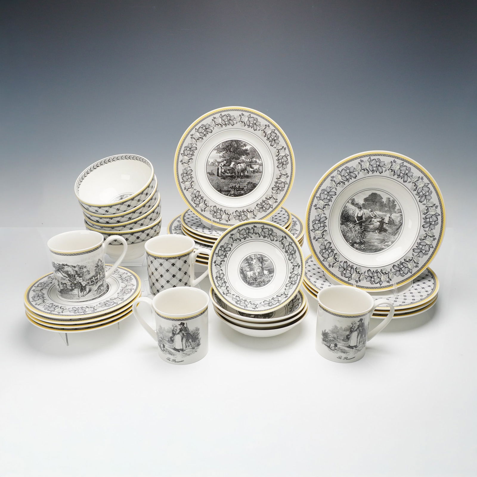 28pc Villeroy & Boch Audun Ferme Dinnerware Set, Service for 4: Elegant 28-piece Villeroy & Boch dinnerware set in the Audun Ferme pattern, crafted in Germany from fine Vitro porcelain china. This service for four includes four each of dinner plates, salad plates,