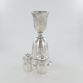 3pc Empire Silver Sterling Silver Bell Jigger, Salt & Pepper Shakers