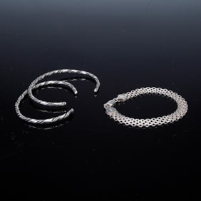 3pc Italian Sterling Link and Silver-Tone Cuff Bracelets