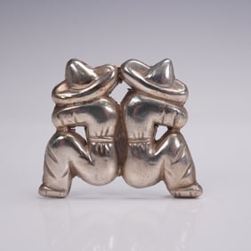 Mexican Silver Figural Brooch of Two Men in Sombreros