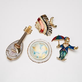 4pc Gold-tone and Enameled Brooch Including Coalport