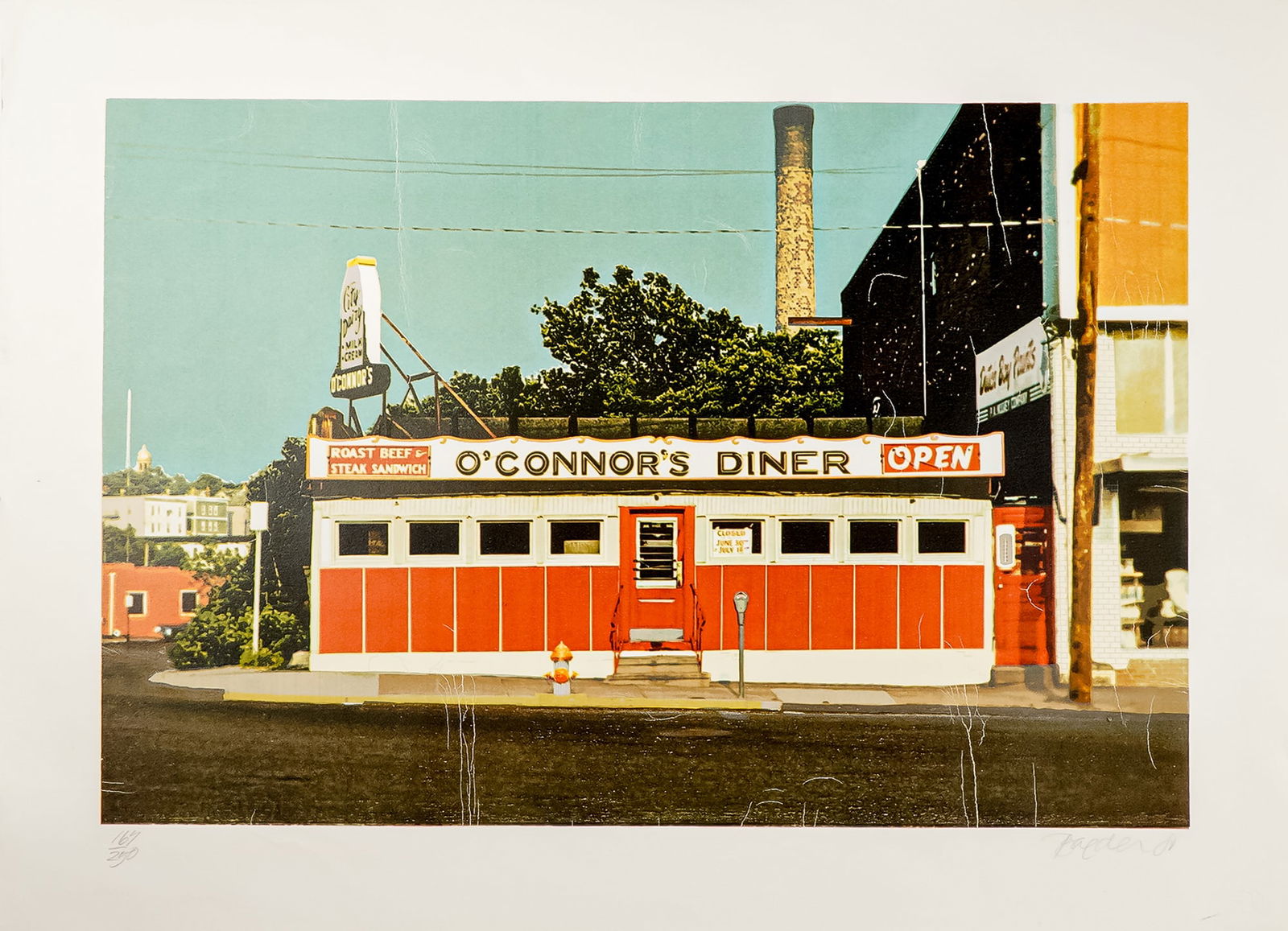 John Baeder, Lithograph on Paper, O'Connor Diner, Signed & Numbered: John Baeder brings roadside Americana to life in this dynamic 1980 lithograph on paper titled O'Connor's Diner. Bursting with color and nostalgia, the work showcases the classic red-and-white diner fa