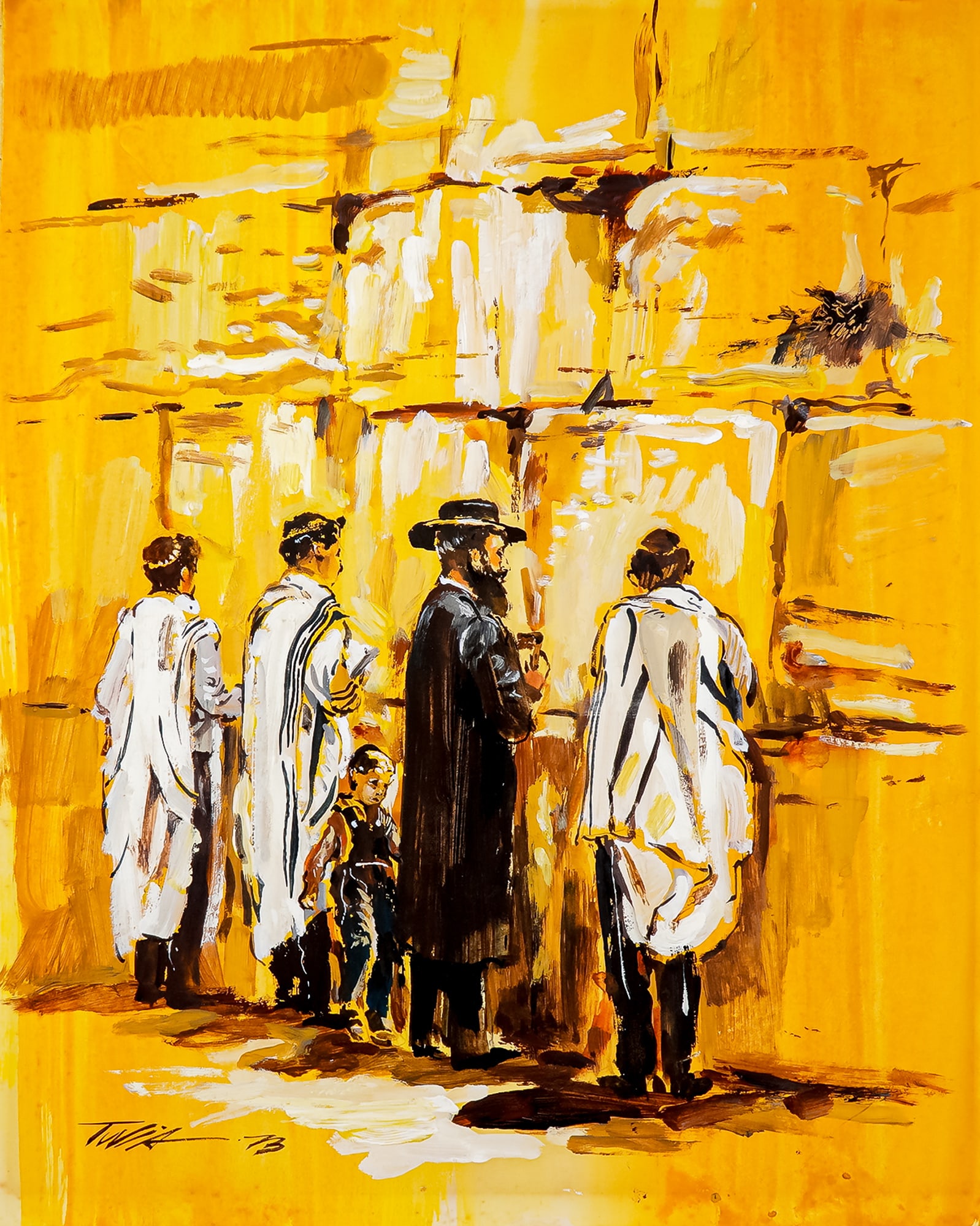 Tuvia Kurz, Original Gouache on Paper, Prayers at the Western Wall, Signed (1 of 3)