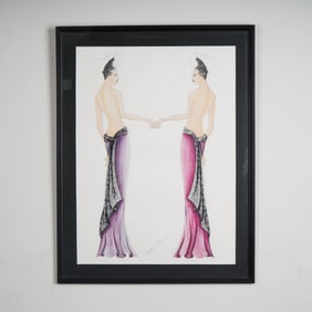 Original Art Deco Inspired Fashion Color Drawing on Paper, Signed & Dated