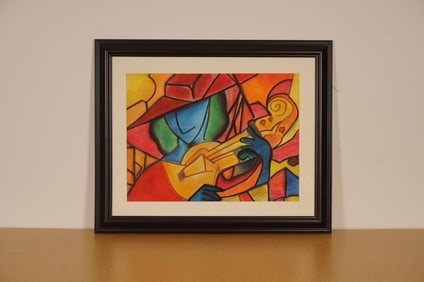 Original Framed Pastel on Paper, Abstract Cubist Musician, Signed
