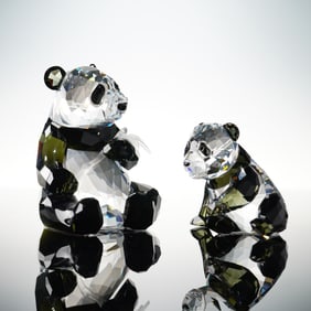 Pair of Swarovski Crystal Panda Figurines, Rare Encounters Mother and Baby