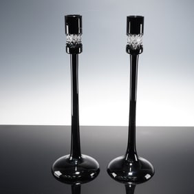 Pair of John Rocha for Waterford Crystal Candlestick Holders, Black Cut