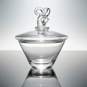 Steuben Clear Crystal Lidded Bowl, Ram Finial