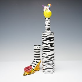 2pc Babs Porcelain Shoe Vase plus ZIV09 Zebra Bottle with Dog Stopper