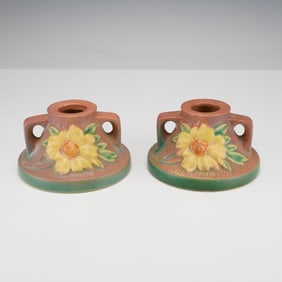 Pair of Roseville Pottery Dusty Pink Candle Holders, Peony