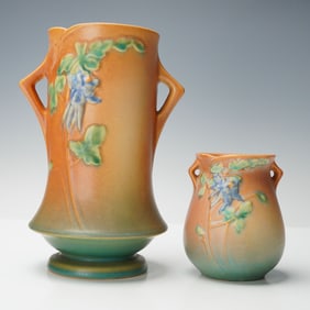 2pc Roseville Pottery Orange Vases, Columbine