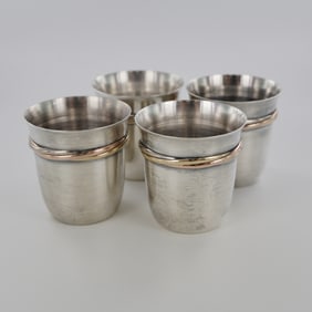 4pc Cartier Gold Banded Trinity Sterling Silver Shot Glasses