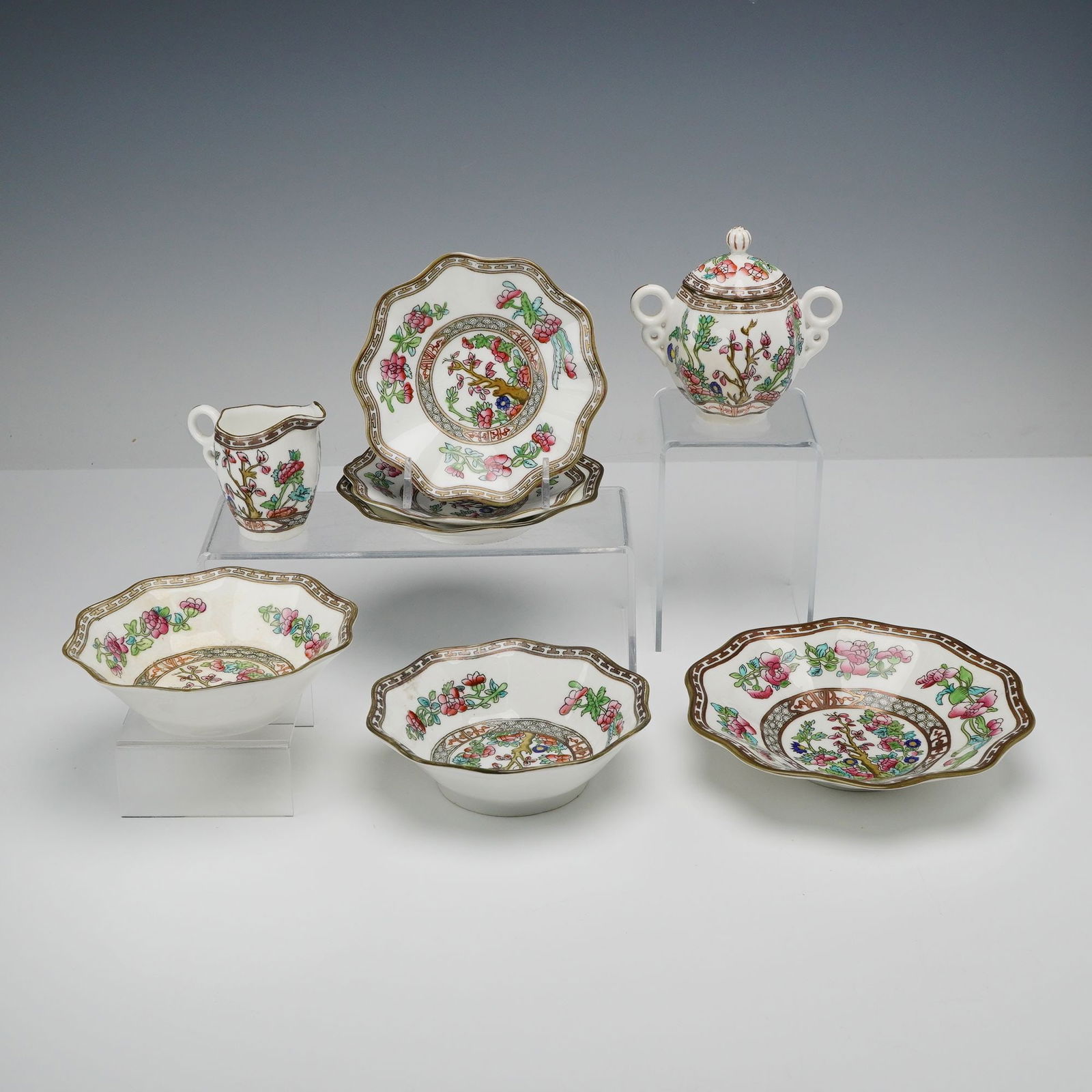 8pc Coalport Bowls, Saucers, Creamer, and Sugar Jar with Lid, Indian Tree (1 of 5)