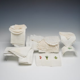 Assortment of Linen Embroidered and Crocheted Napkins, Various Sizes