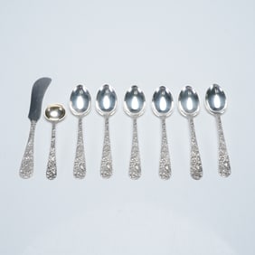 8pc S. Kirk & Son Sterling Silver Spoons and Butter Knife, Repousse