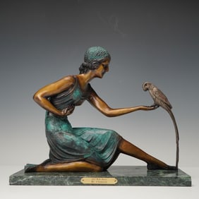 After Demetre Chiparus Bronze Girl with Parrot Sculpture on Marble Base