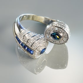 14k White Gold 1.00ctw Sapphire and 1.50ctw Diamond Bypass Ring